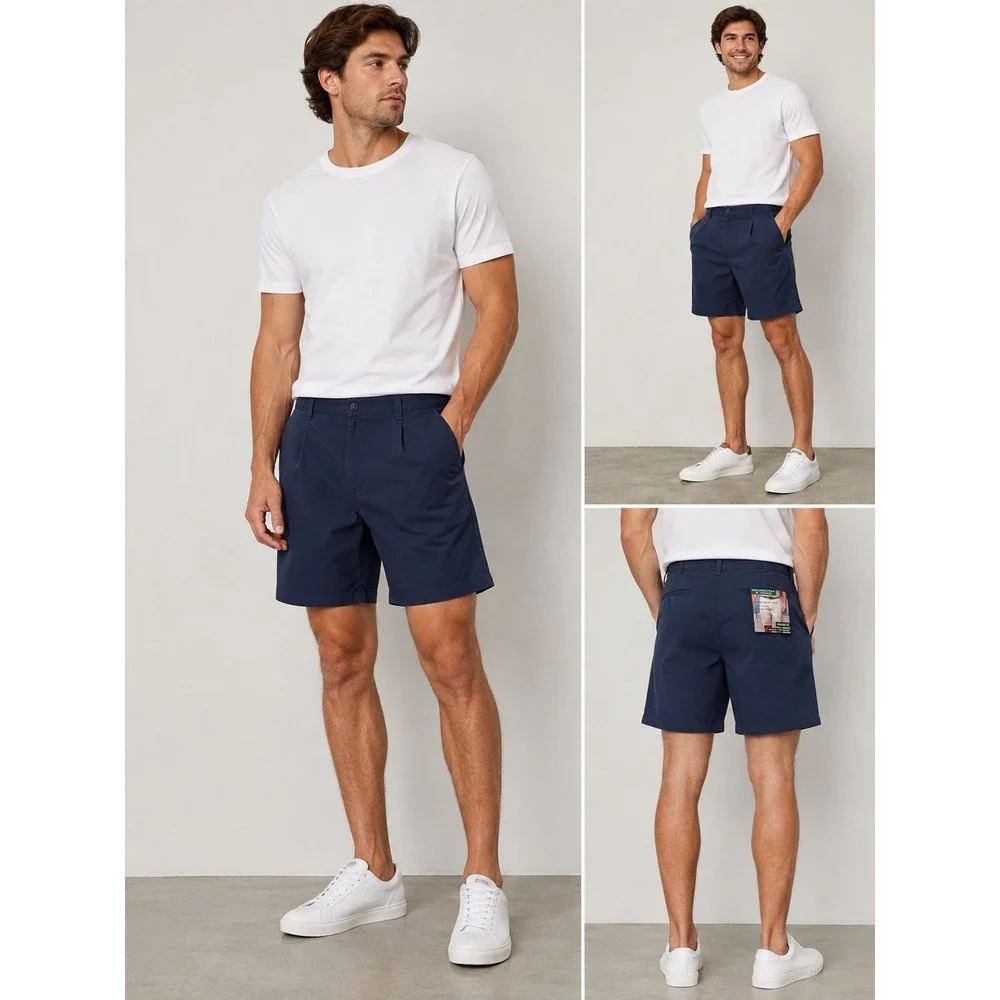 Roundtree & Yorke Mens Navy Blue Pleated Easy Care Twill Shorts 42 NWT S35HR701